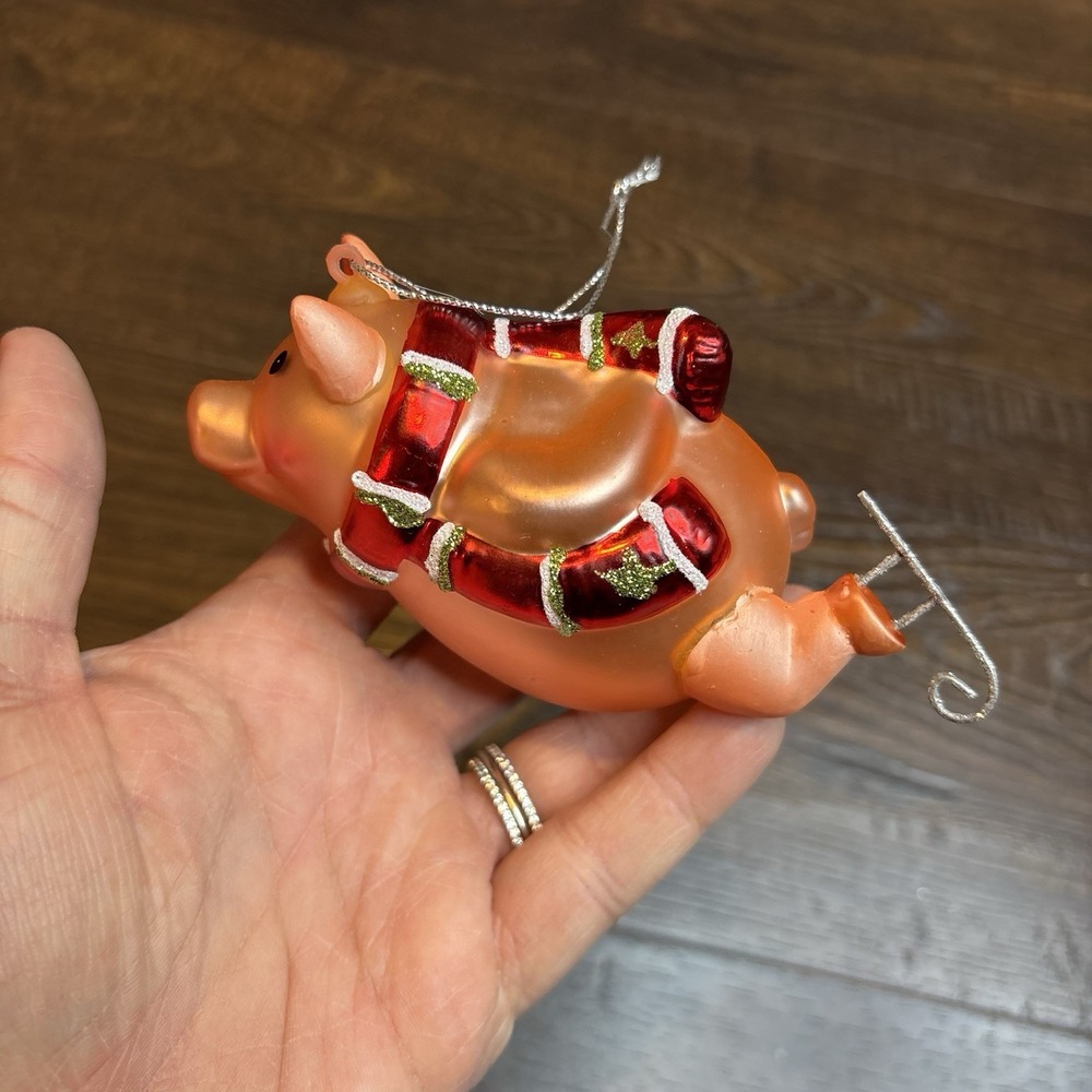 Glass Blown Pink Pig Ice Skating Ornament Christmas Tree‎ Vintage